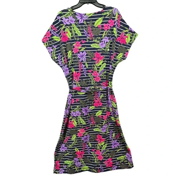 Lands End Floral Stripe T Shirt Dress Womens XL Navy Tropical Belted Modest - Picture 5 of 16
